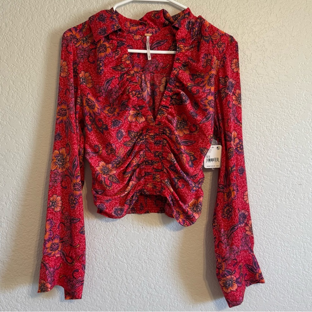 Free People Floral Red Long Sleeve Women's Top NWT XS